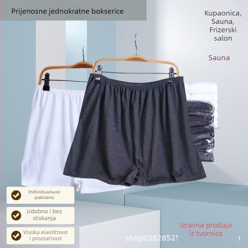 Jednokratne pamučne bokserice, prozračne i dišuće; srednji pojas, pleteni materijal, podstava u preponama od pletene tkanine