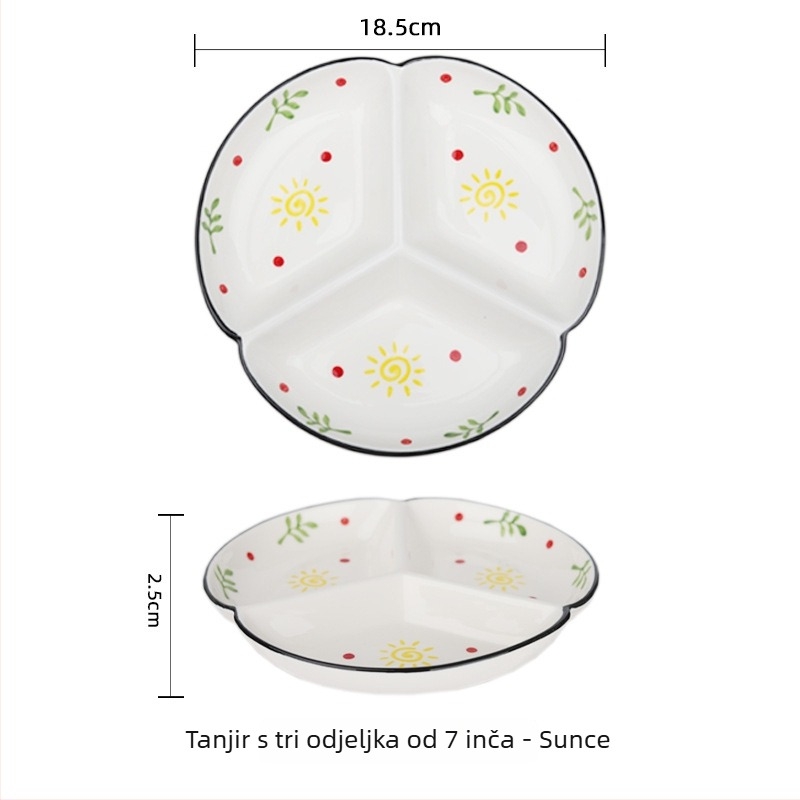 Porcelanski tanjur ručno oslikan za kućnu upotrebu, podijeljeni tanjur s tri odjeljka, okruglog oblika, kompatibilan s mikrovalnoj pećnicom