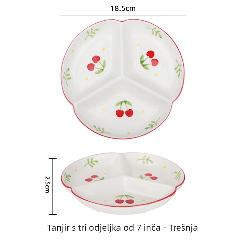 Porcelanski tanjur ručno oslikan za kućnu upotrebu, podijeljeni tanjur s tri odjeljka, okruglog oblika, kompatibilan s mikrovalnoj pećnicom