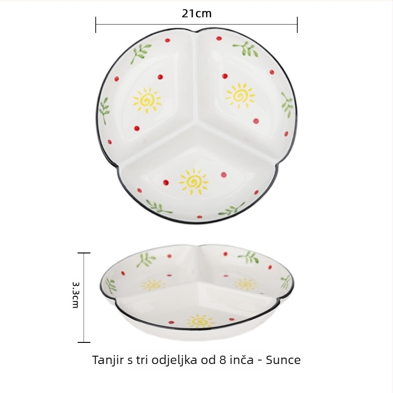 Porcelanski tanjur ručno oslikan za kućnu upotrebu, podijeljeni tanjur s tri odjeljka, okruglog oblika, kompatibilan s mikrovalnoj pećnicom