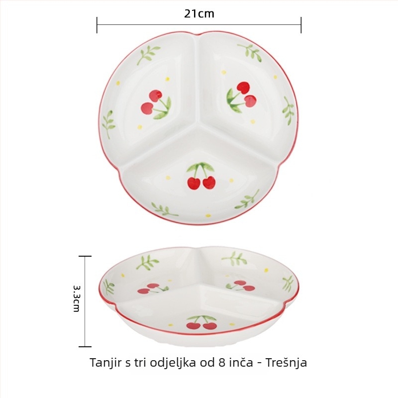 Porcelanski tanjur ručno oslikan za kućnu upotrebu, podijeljeni tanjur s tri odjeljka, okruglog oblika, kompatibilan s mikrovalnoj pećnicom