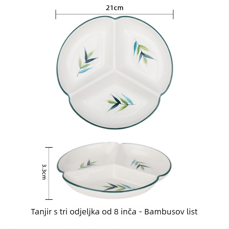 Porcelanski tanjur ručno oslikan za kućnu upotrebu, podijeljeni tanjur s tri odjeljka, okruglog oblika, kompatibilan s mikrovalnoj pećnicom