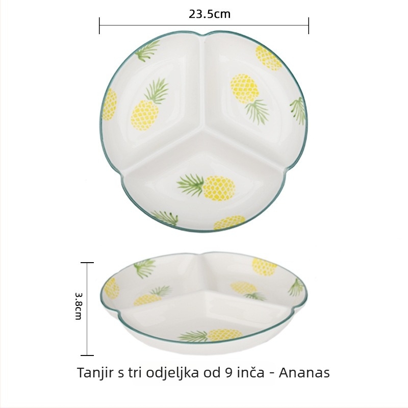 Porcelanski tanjur ručno oslikan za kućnu upotrebu, podijeljeni tanjur s tri odjeljka, okruglog oblika, kompatibilan s mikrovalnoj pećnicom