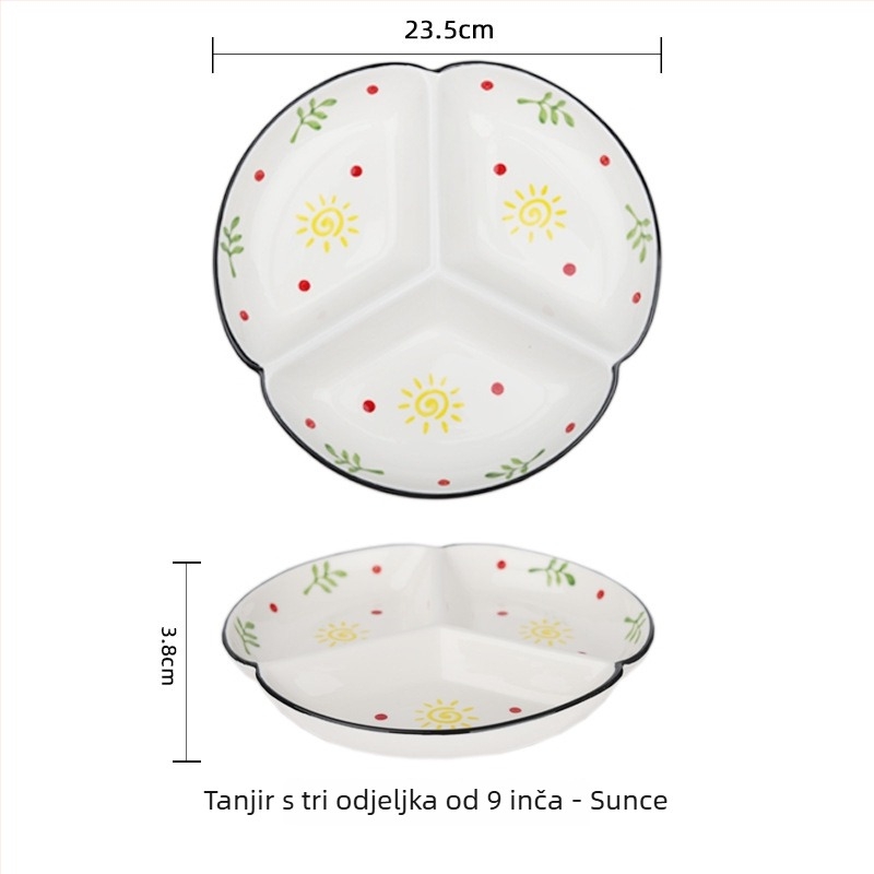 Porcelanski tanjur ručno oslikan za kućnu upotrebu, podijeljeni tanjur s tri odjeljka, okruglog oblika, kompatibilan s mikrovalnoj pećnicom