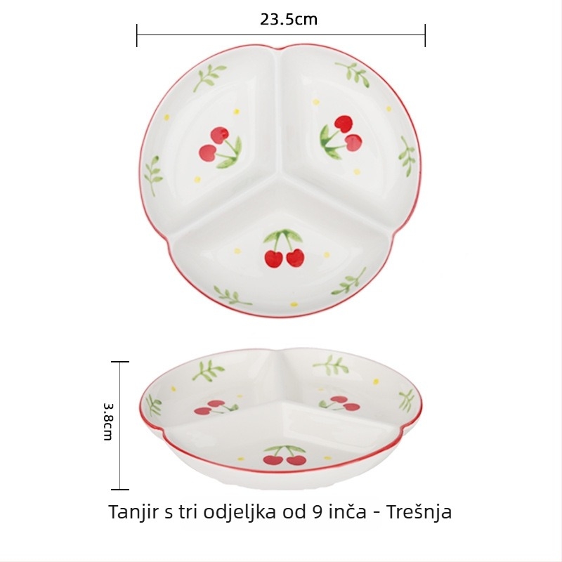 Porcelanski tanjur ručno oslikan za kućnu upotrebu, podijeljeni tanjur s tri odjeljka, okruglog oblika, kompatibilan s mikrovalnoj pećnicom