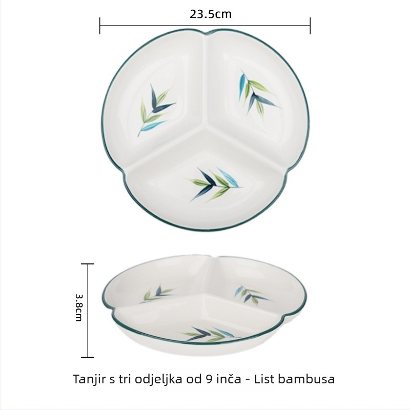 Porcelanski tanjur ručno oslikan za kućnu upotrebu, podijeljeni tanjur s tri odjeljka, okruglog oblika, kompatibilan s mikrovalnoj pećnicom