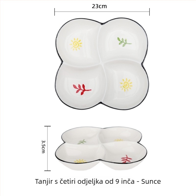 Porcelanski tanjur ručno oslikan za kućnu upotrebu, podijeljeni tanjur s tri odjeljka, okruglog oblika, kompatibilan s mikrovalnoj pećnicom