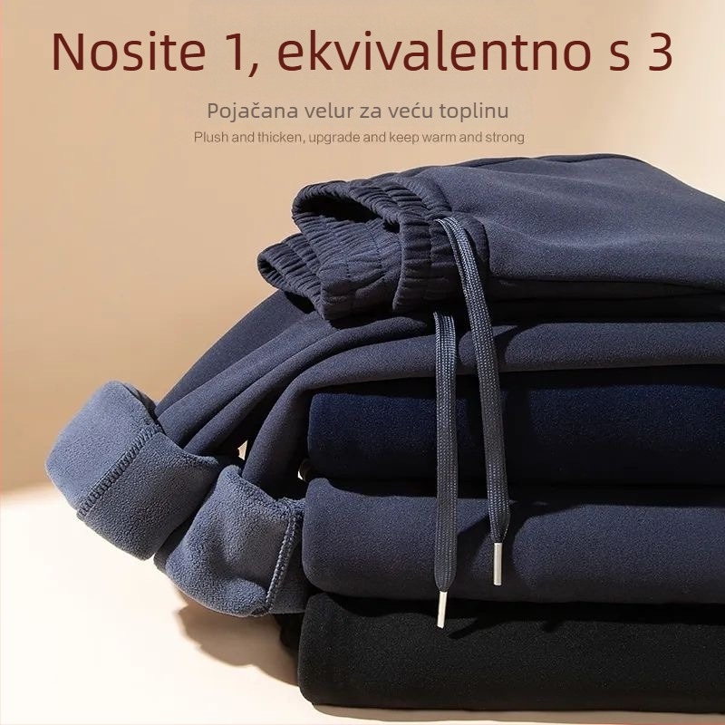 Muške sportske hlače od poliestera s debelim flisom, srednji pojas, ravni kroj, zimska sezona