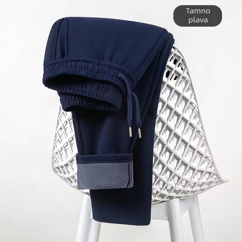 Muške sportske hlače od poliestera s debelim flisom, srednji pojas, ravni kroj, zimska sezona