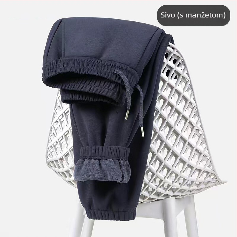 Muške sportske hlače od poliestera s debelim flisom, srednji pojas, ravni kroj, zimska sezona