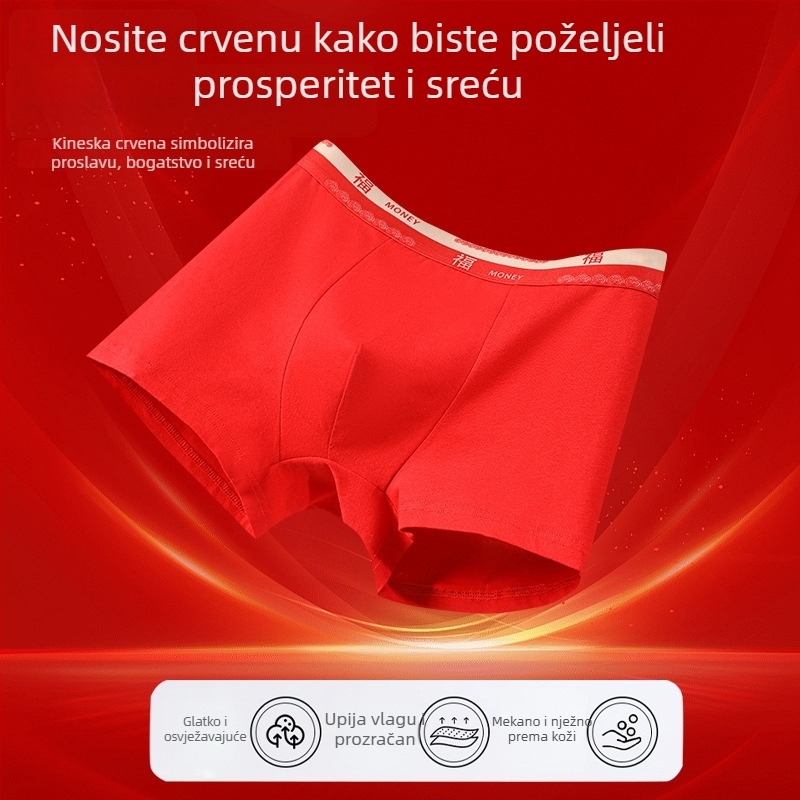 Muške crvene pamuk boxerice s antibakterijskom zaštitom, 7A, srednji pojas, prozračne svakodnevne gaće.