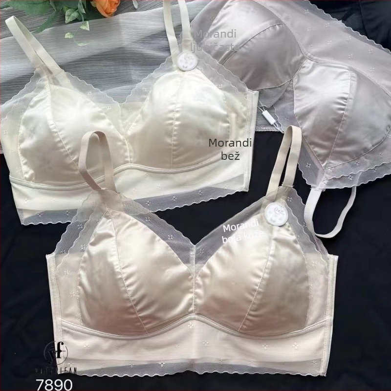Ljetni ultra-tanki čipkasti satenski bralet s fiksnim košaricama, prozračan, bez tragova, tube top 10809