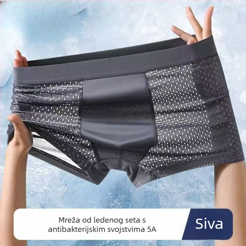 Muške boxerice ice silk antibakterijske, prozračne i brzosušive, pletene tkanine, 90–95% poliester, srednji pas
