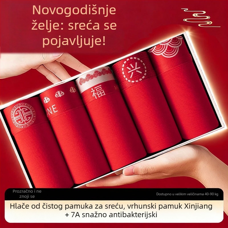 Crvene pamučne bokserice za godinu zodijaka, prozračne antibakterijske muške gaćice