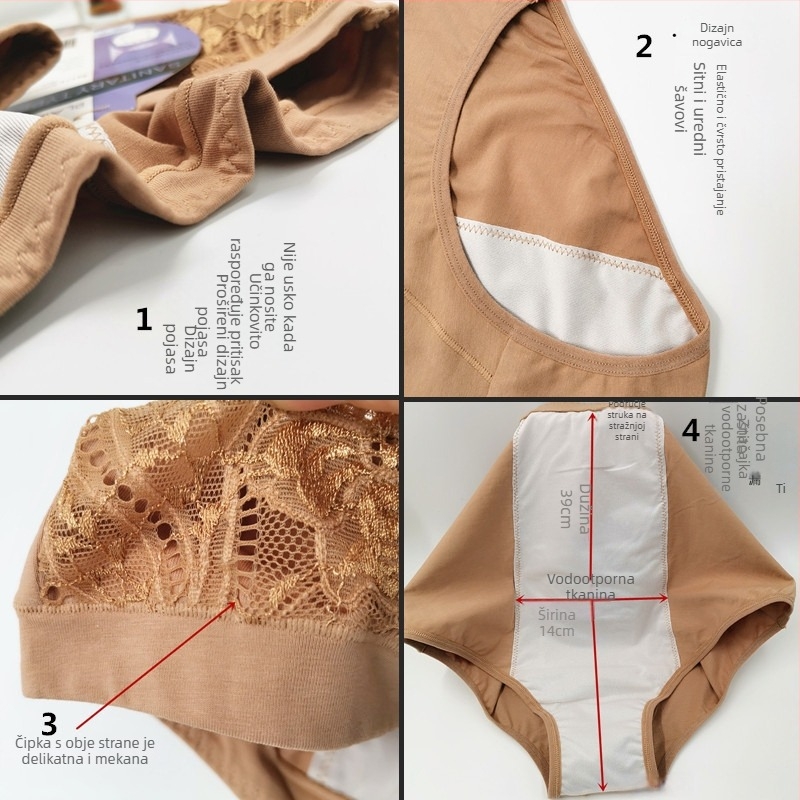 Ženske menstrualne gaćice s visokim strukom, fiziološka funkcija, glavna tkanina pamuk 95%, podstava 100% pamuk, dizajn mašna