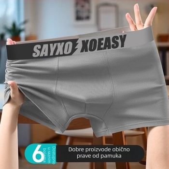 Muške pamučne bokserice, udobne i prozračne, antibakterijska unutarnja podstava; srednje visoki struk; pleteni materijal; glavni materijal: 95–100% pamuk; podstava prepona: 90–95% poliester; uzorci: jednobojni, blokovi boja ili natpisi