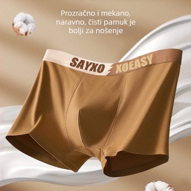 Muške pamučne bokserice, udobne i prozračne, antibakterijska unutarnja podstava; srednje visoki struk; pleteni materijal; glavni materijal: 95–100% pamuk; podstava prepona: 90–95% poliester; uzorci: jednobojni, blokovi boja ili natpisi