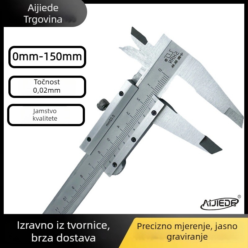 Vernier kaliper, industrijske klase, jasna mjerenja, raspon 0–150 mm, rezolucija 0,02 mm