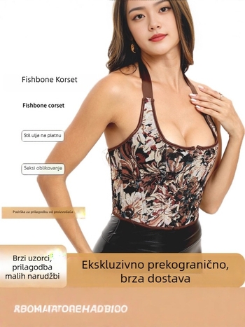 Halter vrh s korzetom s ribnjim kostima, stisnuti struka, poliester, cvjetni uzorak, ultra kratka duljina