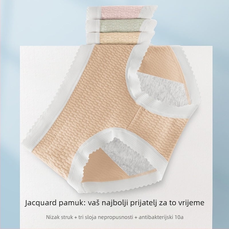 Pamukaste gaćice za menstruaciju – prozračne, jacquard tkanine, niski struk, zaštita od curenja.