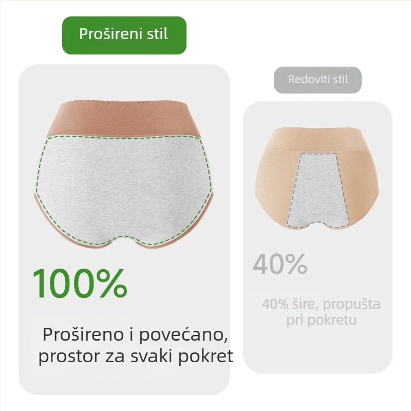 Široke i produžene antibakterijske menstrualne gaćice od pamuka s tri sloja zaštite, srednje visoki struk