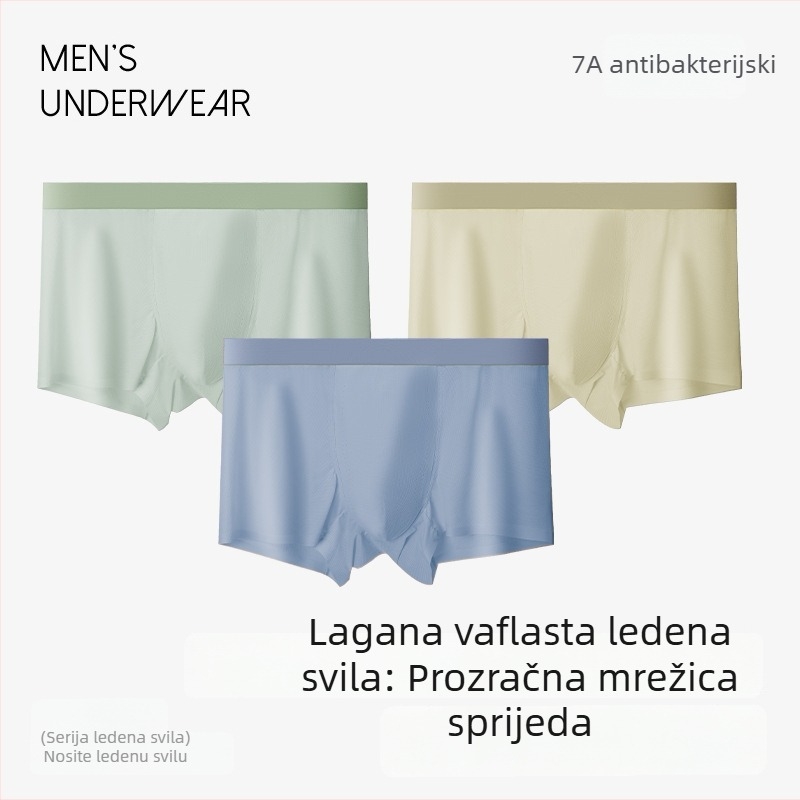 Muške bokserice Ice Silk ultra-tanke, waffles uzorak, prednji mrežasti panel, prozračne, bezšivne, srednje visoki struk