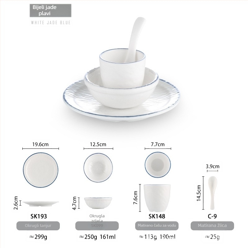 Melamin set od četiri komponente: zdjela, dvije ploče i žlica; okrugli oblik, jednobojni dizajn; idealno za hotele, hot pot i roštilje; s otisnutim logom