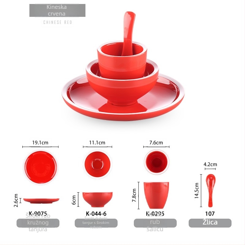 Melamin set od četiri komponente: zdjela, dvije ploče i žlica; okrugli oblik, jednobojni dizajn; idealno za hotele, hot pot i roštilje; s otisnutim logom