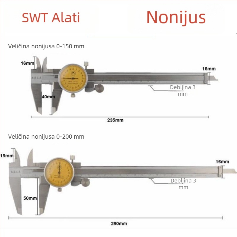 Southwest Tools klizni mjerač s pokazivačem, raspon 0-150-200-300×0,02 mm, četiri funkcije, nehrđajući čelik