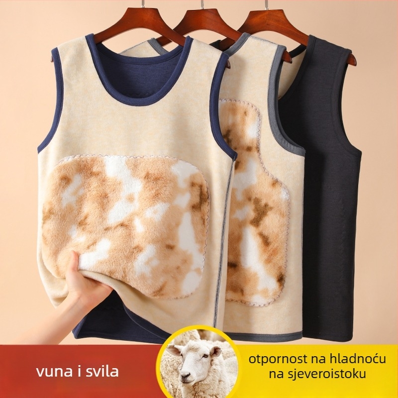 Muška termalna vesta od poliestera, fleec unutrašnjost, dvostruki sloj, kapuljača, okrugli ovratnik, zaštita leđa i trbuha, antibakterijska, baršunasta podstava, 251–300 g/m²