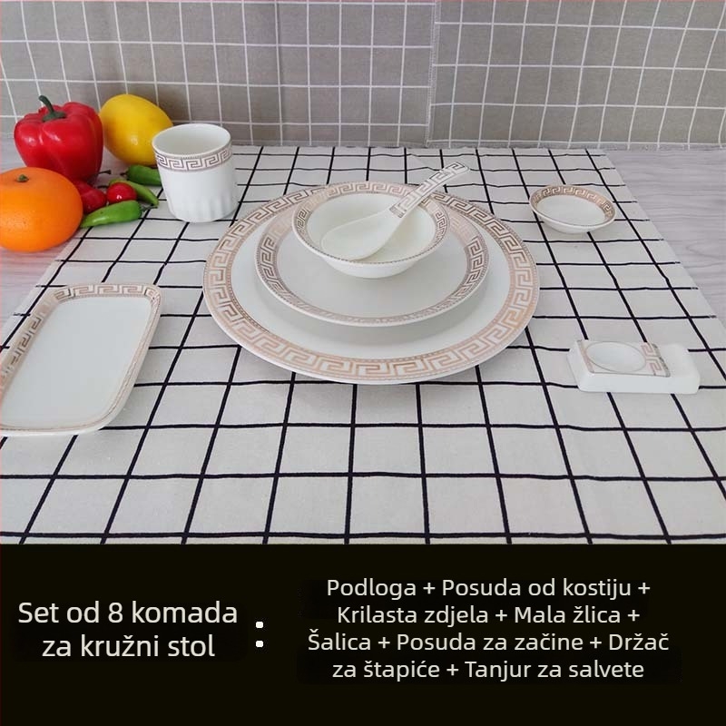 Hotelijski stolni servis od 4 komada, europskog stila, kostni porculan sa zlatnim rubom, okrugli tanjuri i posuđe