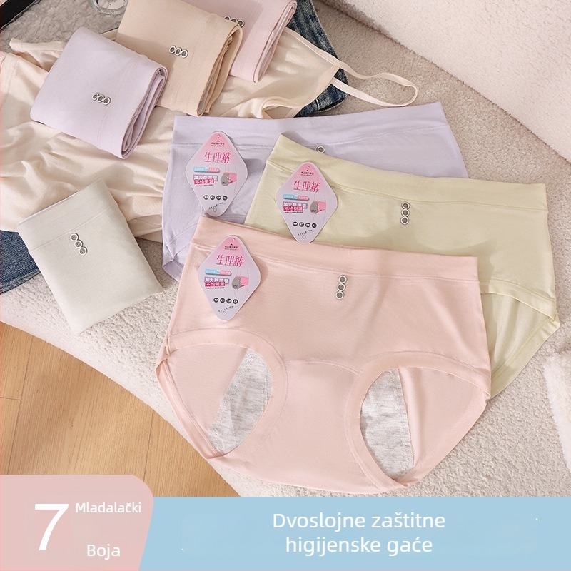 Ženske menstrualne gaćice sa srednjim strukom, mekani materijal, produženi preponasti dio, zaštita od curenja; glavni materijal: regenerirana celuloza 92%, podstava prepona 100% regenerirana celuloza