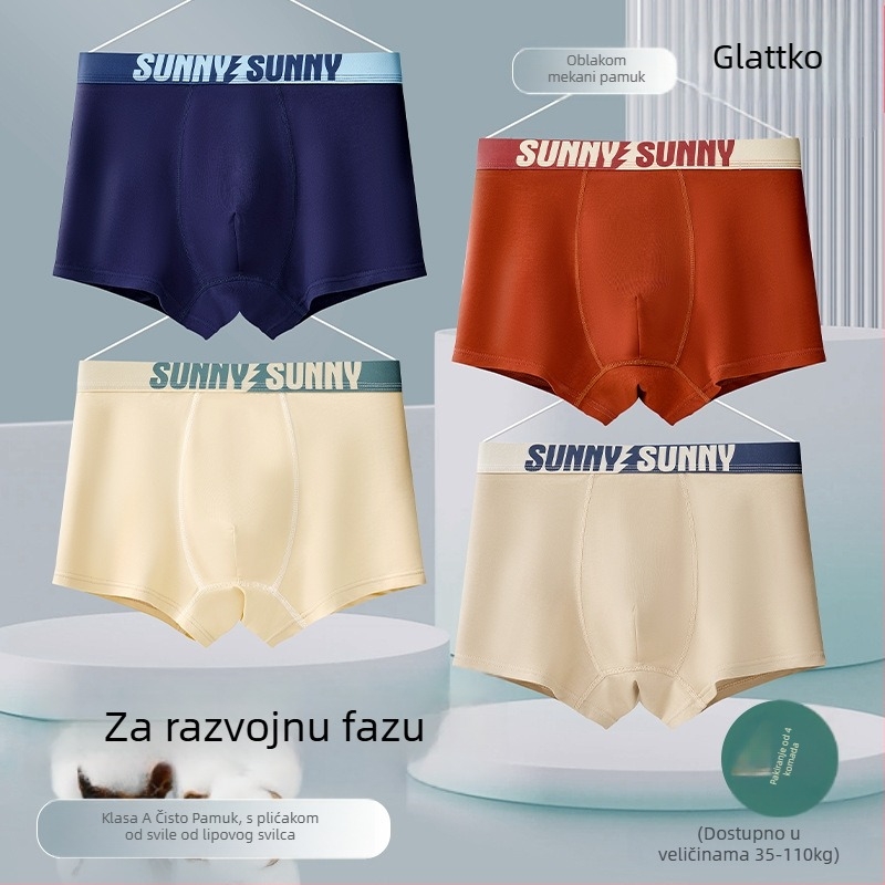 Muške bokserice od pamuka, srednje podizanje struka, prozračni materijal, 90–95% pamuk, broj vlakana 40, podstava prepona od regenerirane celuloze.