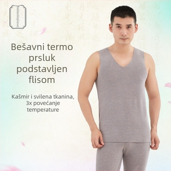 Muški termalni bezšavni prsluk s fleksom iznutra, svila-kašmir smjesa, nebesko plava, 7A Zhende Velvet