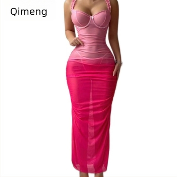 Mrežasta noćna haljina, prozirna, V-izrez, bez rukava, duga