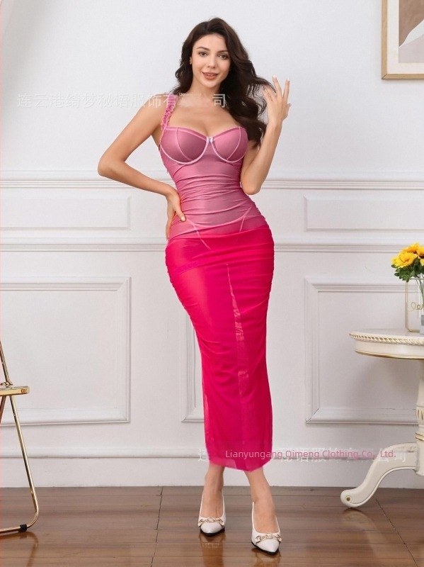 Mrežasta noćna haljina, prozirna, V-izrez, bez rukava, duga