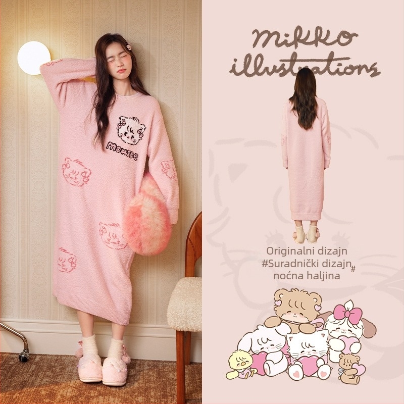 Ženska noćna haljina od poluveleura, pulover stil, okrugli ovratnik, dugi rukavi, duga suknja