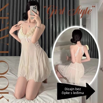 Čipkasto mrežasto noćno odijelo s dubokim V izrezom, prozračno leđa, uključuje thong; lagana mreža, 70–80% poliester, 121–140 g/m2