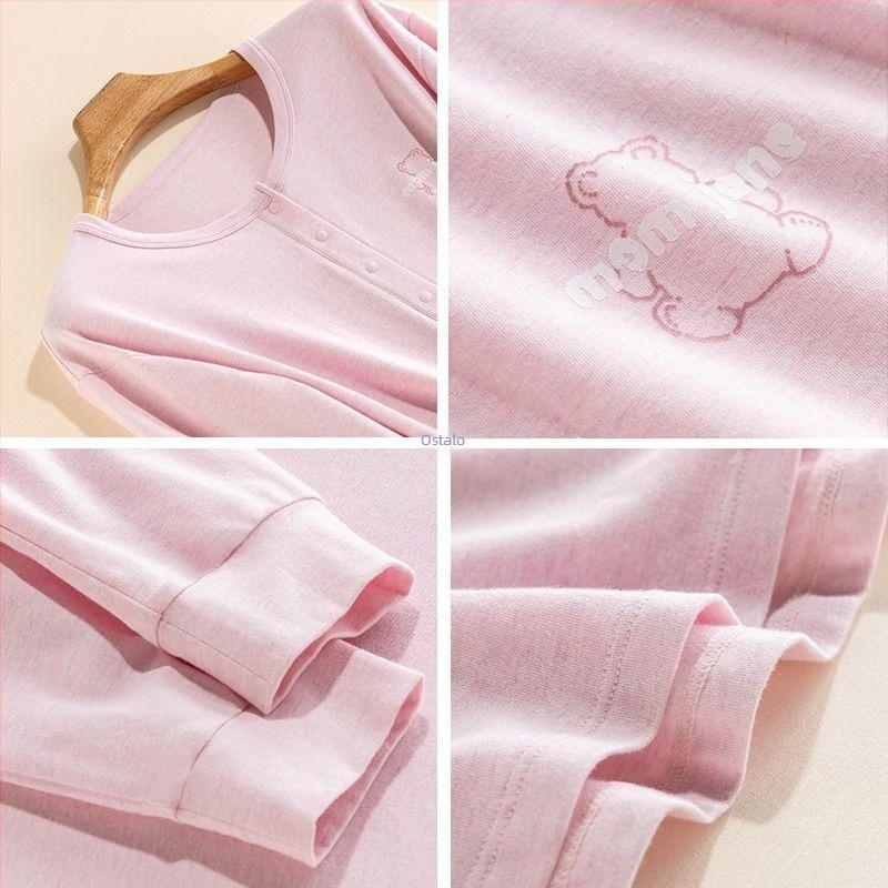 Pijama set za majčinstvo i dojenje – proljeće i jesen, dugi rukavi, polo ovratnik, književno retro stil