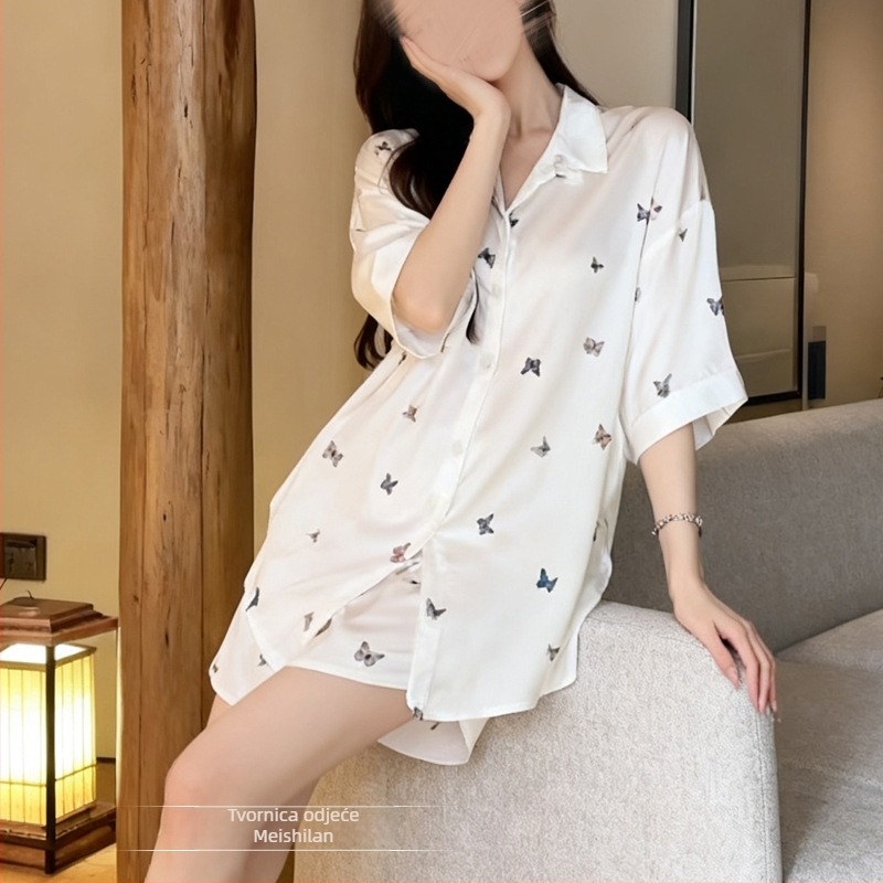 Meishilan seksi pižama set za žene od ice silk, bluza s leptirima, noćna haljina i šorc, kućni outfit 347