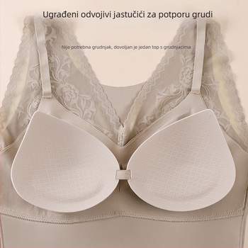 Termalna majica s čipkom i V‑izrezom, s odvojivim unutarnjim čašicama, za žene, oblikovanje tijela i grijanje; materijal: najlon, debljina 251–300 g/m², uzorak: jednobojan ili cvjetni