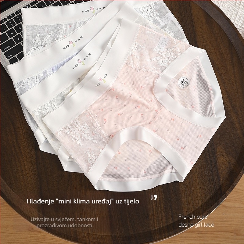 Svježi cvjetni uzorak s čipkom, ženski gaćice plus veličine, prozračni Ice Silk, pamukova podstava u području prepona, produženi preponski dio
