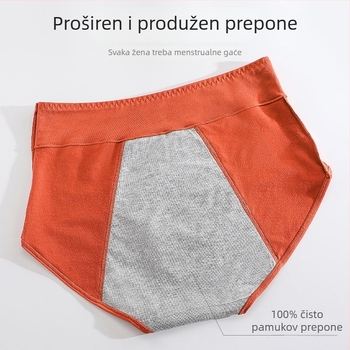 Ženske pamukaste menstrualne gaćice sa srednje visokim strukom, glavna tkanina 95% pamuk, podstava 100% pamuk, jednobojni uzorak
