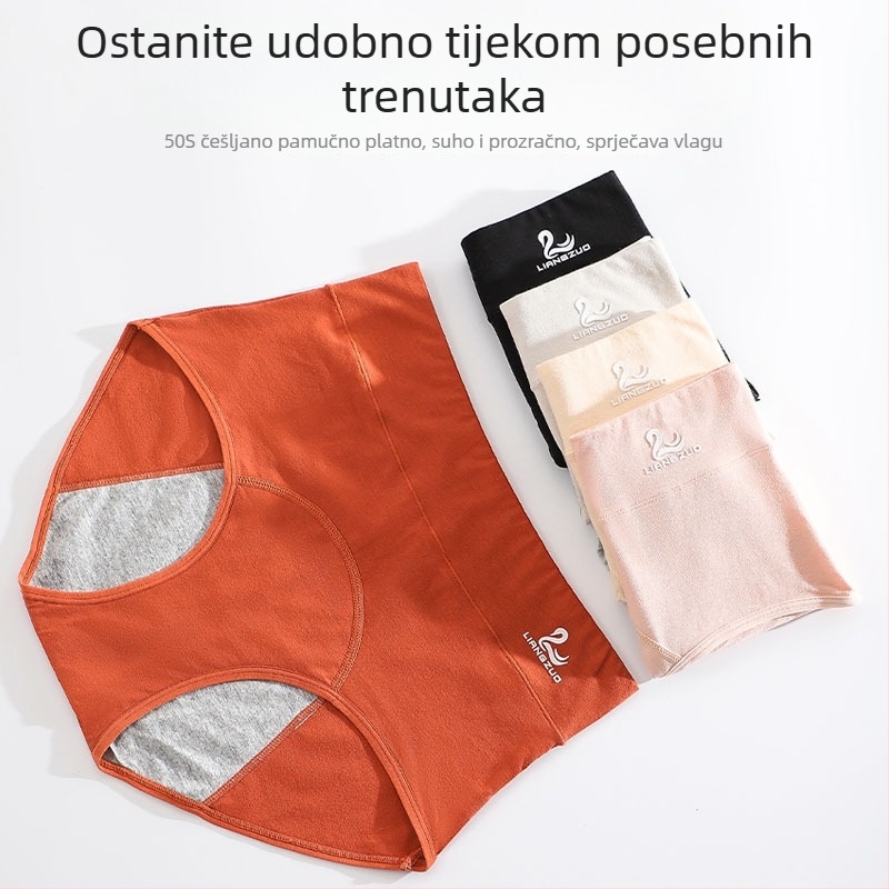 Ženske pamukaste menstrualne gaćice sa srednje visokim strukom, glavna tkanina 95% pamuk, podstava 100% pamuk, jednobojni uzorak