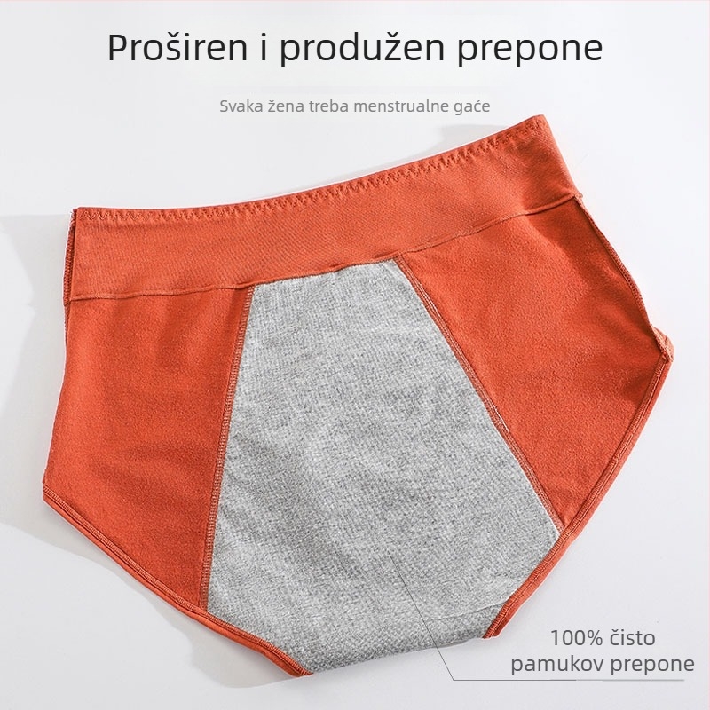Ženske pamukaste menstrualne gaćice sa srednje visokim strukom, glavna tkanina 95% pamuk, podstava 100% pamuk, jednobojni uzorak