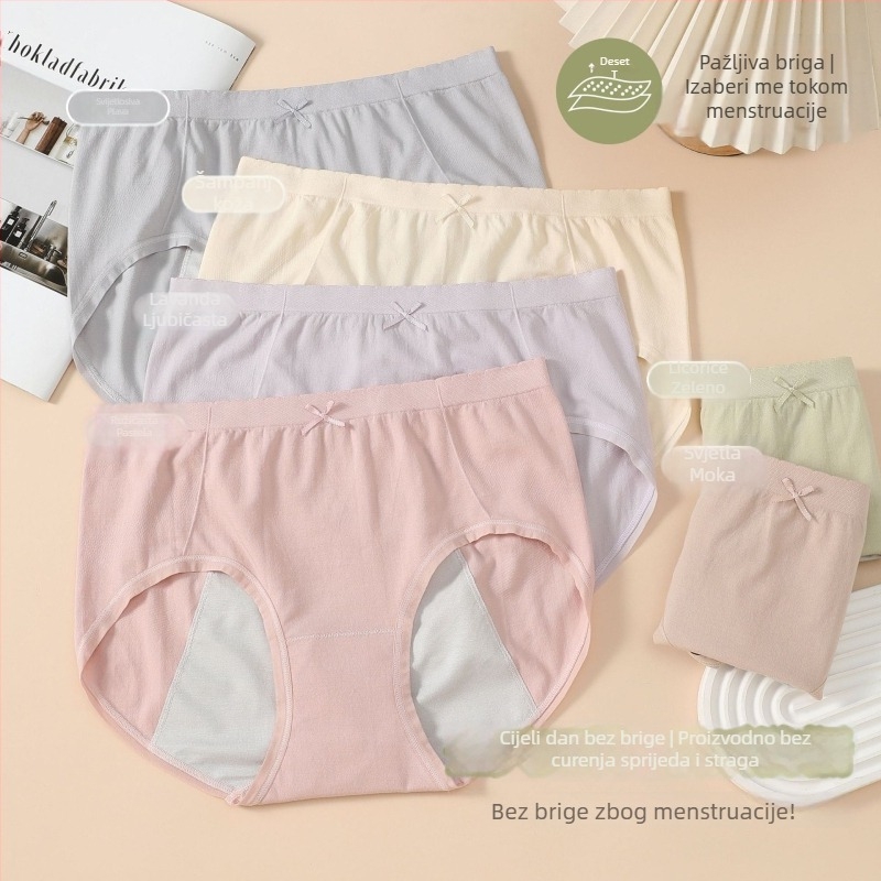 Žensko menstrualno donje rublje bez šavova, tanke, viskozni materijal 70–80% u glavnom materijalu, podstava područja prepona 90–95% viskoze, pletene, srednji dio struka, jednobojno
