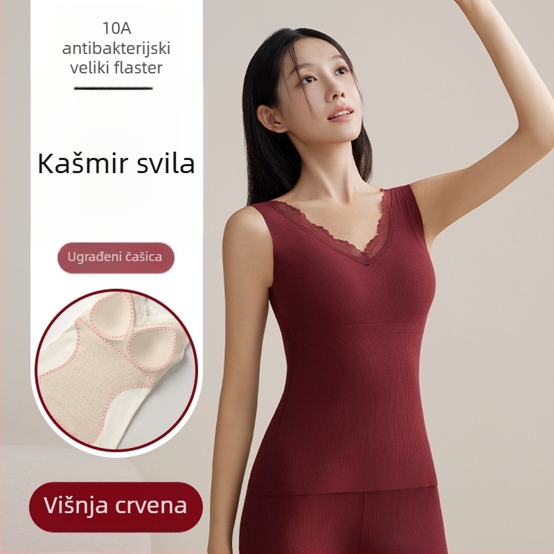 Ženska termička vesta s ugrađenim košaricama za grudnjak, integrirani bazni sloj, dvostruki sloj, kapuljača, grijanje bez šavova, za jesen/zimu, poliester