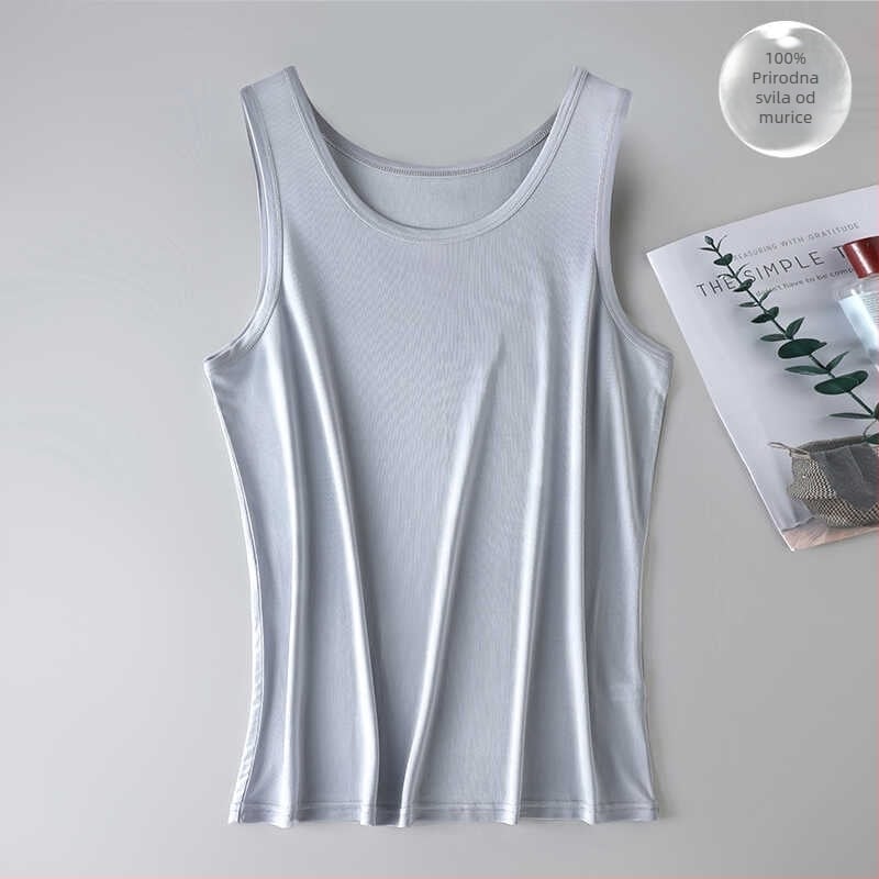 Muška svilena vest s okruglim izrezom, dvostruko pletena svila, 100% svila od mulberry, tanak prozračan materijal (100% svila; okrugli izrez; dvostruko pletena svila; tanak prozračni materijal)