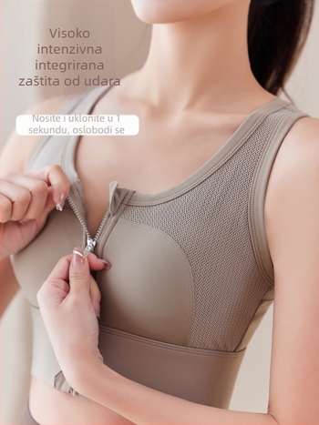 Ženski joga top s prednjim zatvaračem i unutarnjom kopčom, anti-sag podrška, prozračna mreža, visoka elastičnost