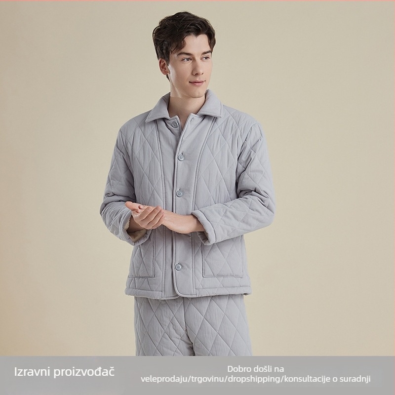 Muški zimski kućni komplet: tri sloja pletiva fleece-a i pamuka; kardigan stil; dugi rukavi; hlače (tri sloja fleece-a i pamuka; kardigan stil; dugi rukavi; hlače)